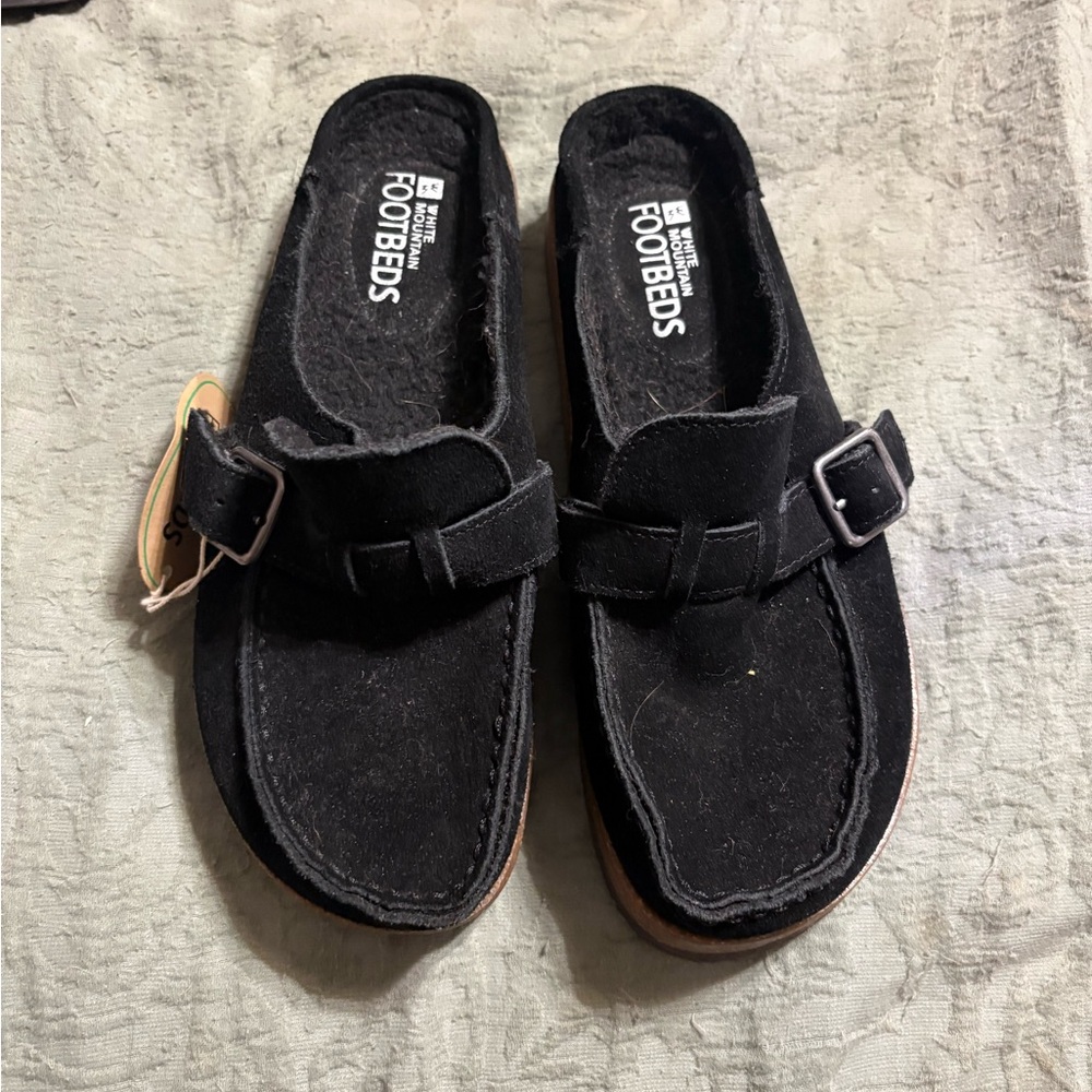 Black Suede Slip-On Buckle Sandals